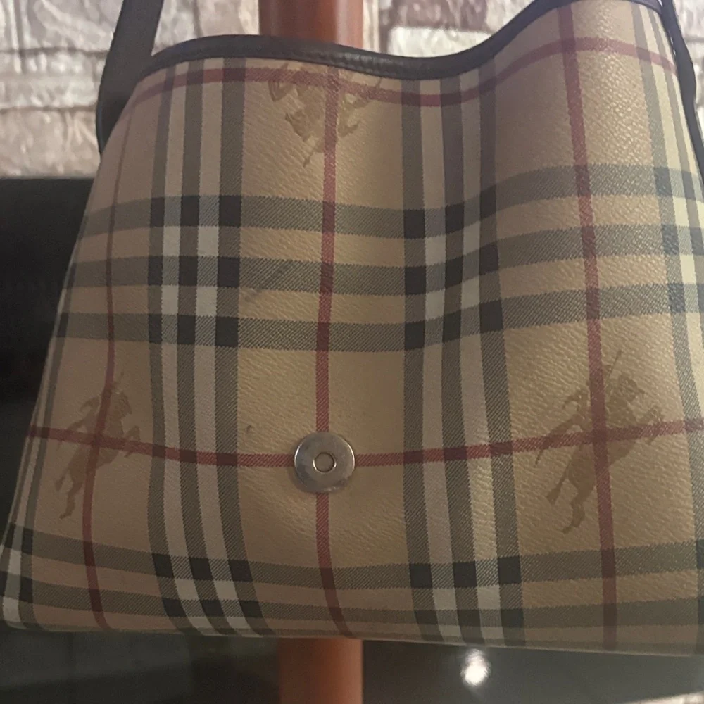 Burberry Beige Plaid Hobo with Dark Brown Leather Flap and Buckle used